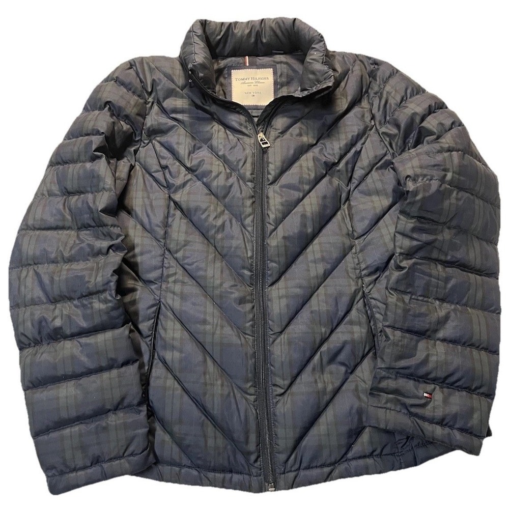 Tommy Hilfiger Puffer Jacket Womens‎ M Navy Green Plaid Quilted Lightweight